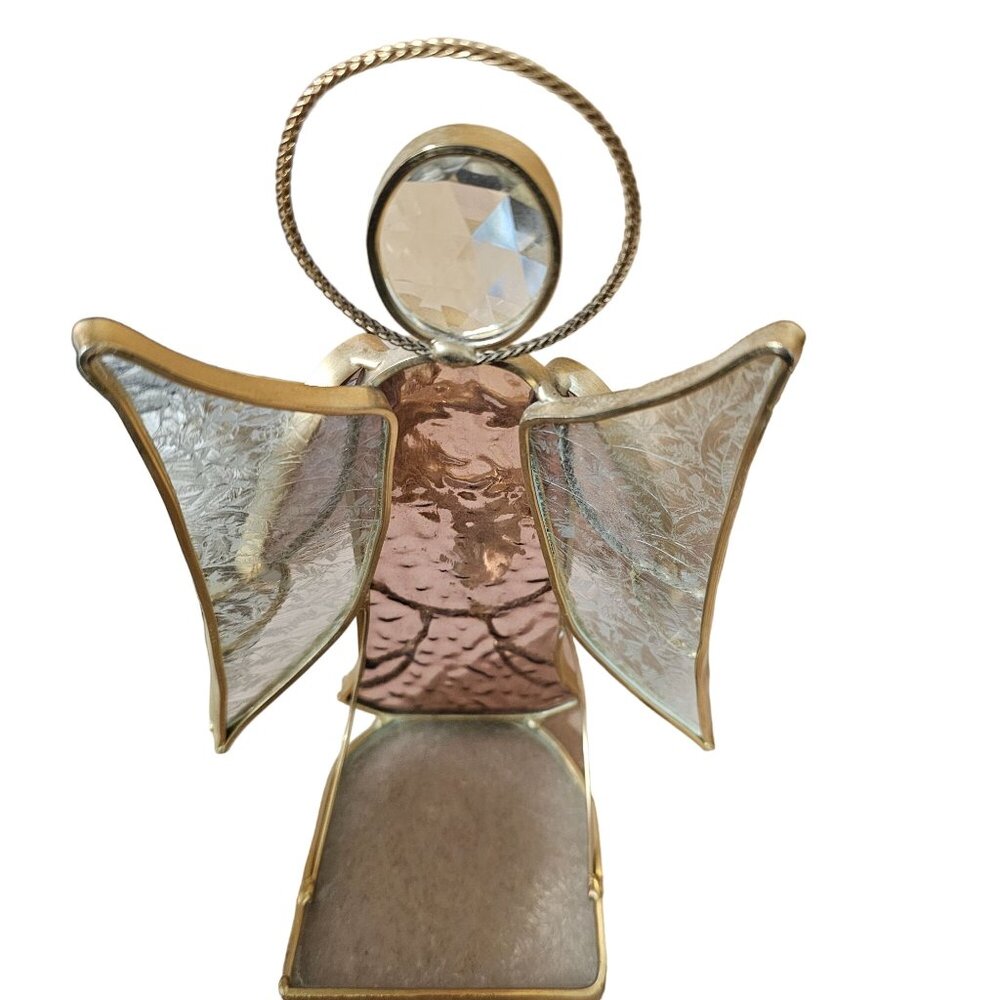 Stained Glass Angel Figurine With Trumpet - Gold Trim & Crystal Halo - Picture 5 of 7
